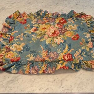 Raymond Waites Mediterranean Blue Floral Ruffled Standard Pillow Sham Cotton